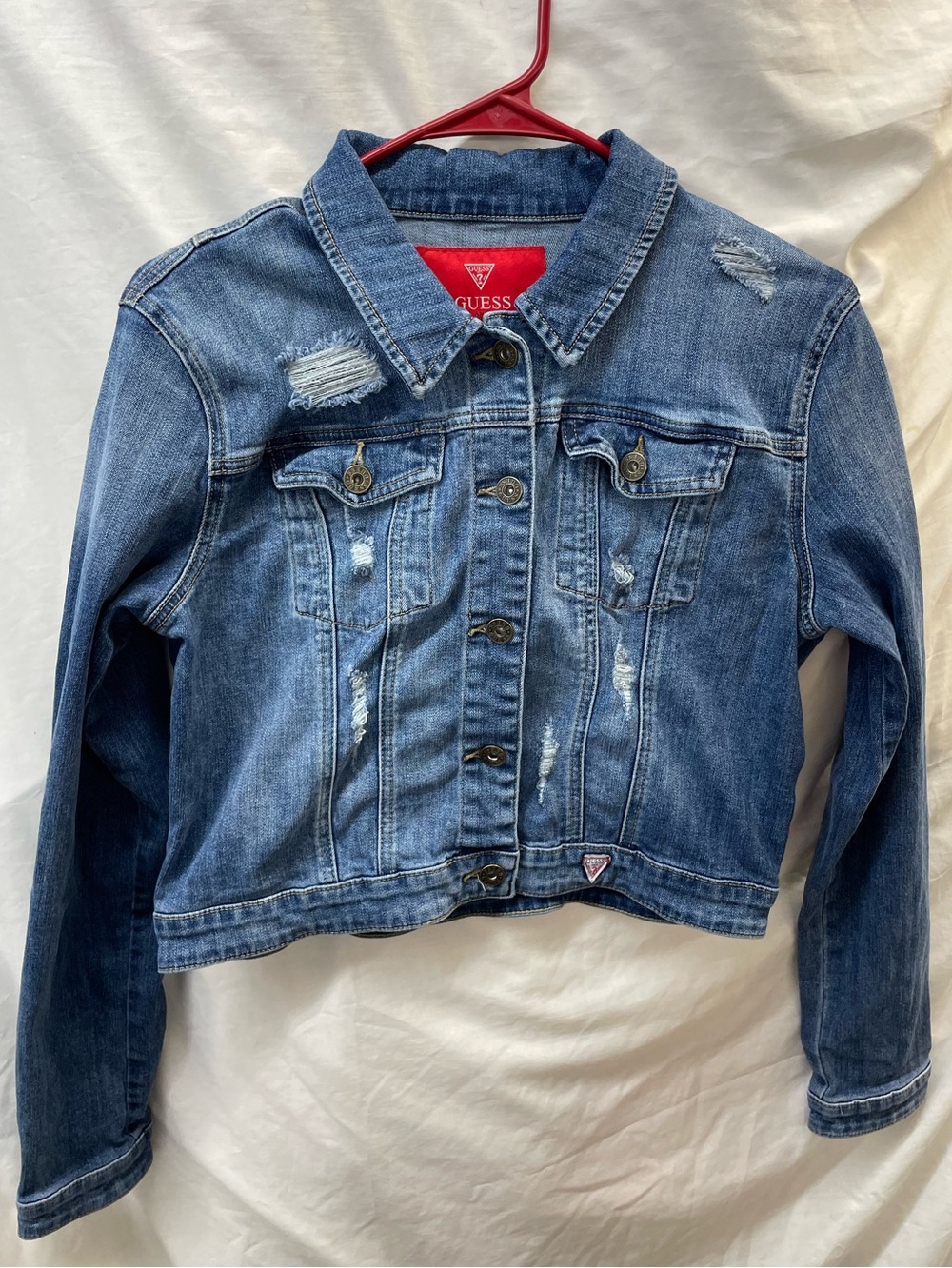 GUESS Distressed Blue Denim Jacket ladies sz L